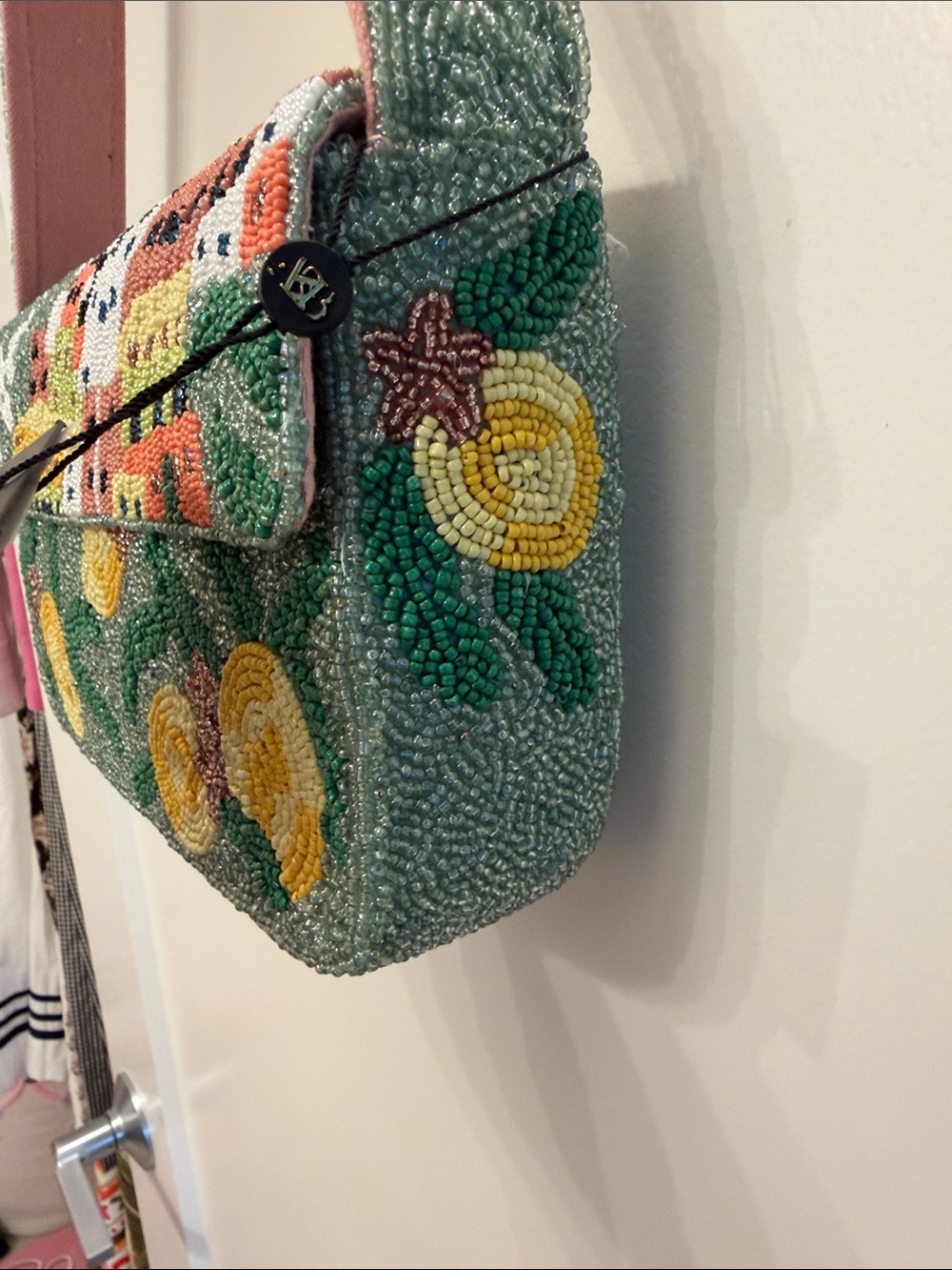 NTW-NEW VIRAL Beaded Amalfie Cityscape Shoulder Bag in Green, Yellow & Pink - Picture 5 of 11